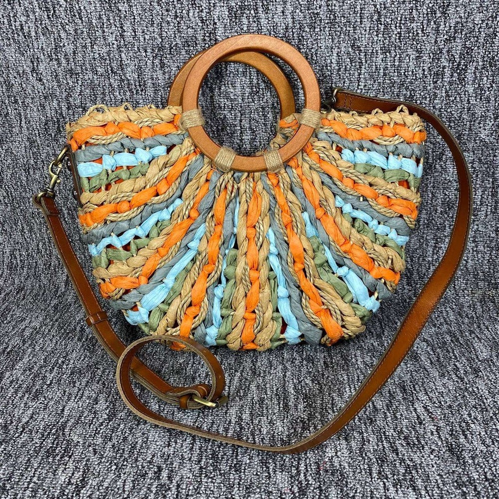 Patricia Nash Lesa Specialty Woven Straw Tote Bag Crossbody Wood Handle Pastel